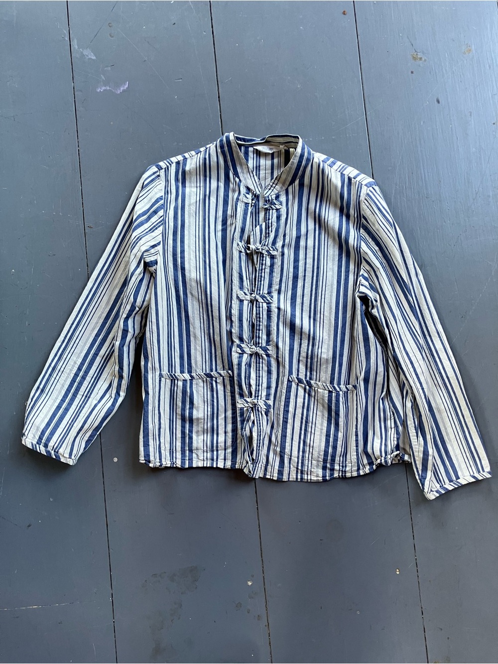 Toast Striped Blue & White top with Mandarin Collar